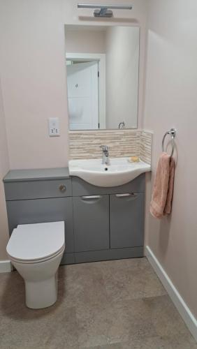 a bathroom with a sink and a toilet and a mirror at Longshore Drift in Weymouth