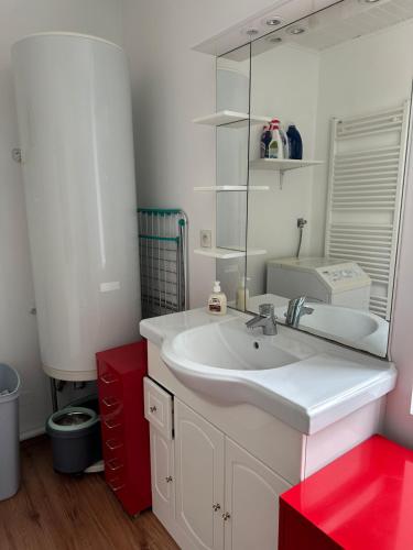 une salle de bain avec un lavabo blanc et un miroir dans l'établissement Bel appartement avec wifi à Noyarey, à Noyarey