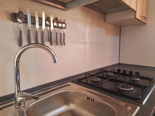 a kitchen with a sink and a stove and utensils at Villa Carrieri in Marina di Lizzano