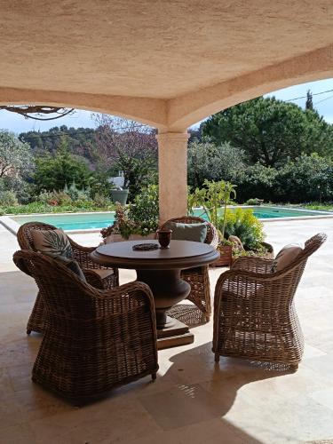 d'une terrasse avec une table et des chaises en osier. dans l'établissement Le Jas des Cayrons, à Vence