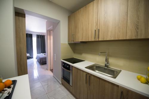 a kitchen with wooden cabinets and a sink at Regalo Apartments in Lygia