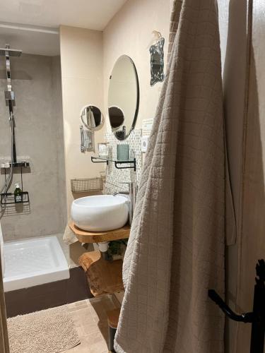 a bathroom with a sink and a shower curtain at Longo Maï in Sillans-la Cascade
