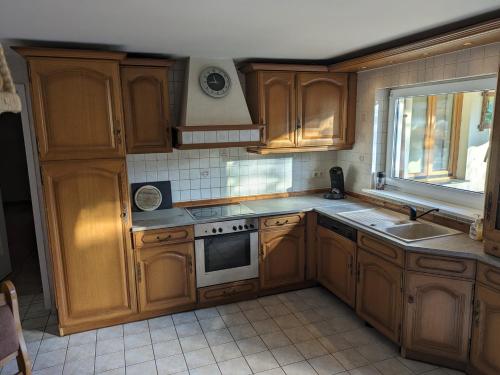 a kitchen with wooden cabinets and a sink and a window at Pension Alte Schmiede in Greifswald