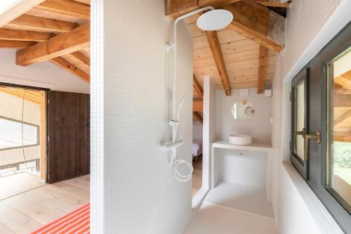 a bathroom with wooden ceilings and a glass door at Villa des Résiniers, proche plage & forêt, wifi in Moliets-et-Maa