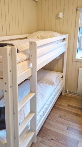 a bunk bed in a small room with a bunk bedscribed at Svanahvammur - Swan Cabin in Vaðlækir