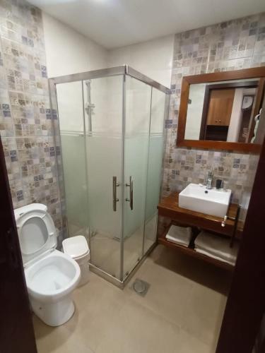 a bathroom with a shower and a toilet and a sink at Batroun boutique suites in Batroûn