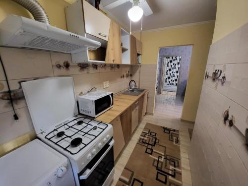 a kitchen with a stove and a microwave in it at B&b Paralela 45 in Piatra Neamţ