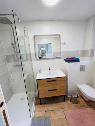 une salle de bain avec un lavabo, une douche et des toilettes dans l'établissement Ma Milou, à Laroque-des-Albères