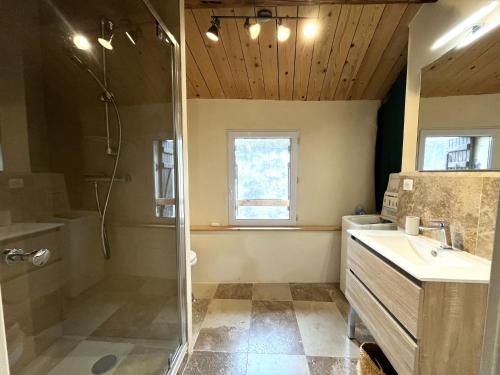 une salle de bain avec douche et lavabo dans l'établissement Bel appartement T3 climatisé avec terrasse et wifi à Sète - FR-1-338-608, à Sète