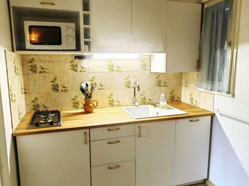 une petite cuisine avec un évier et un micro-ondes dans l'établissement Villa mitoyenne climatisée pour 6 pers, piscine, parking - FR-1-607-210, au Cap d'Agde