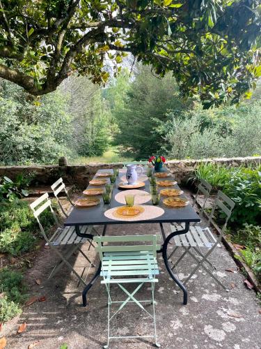 - une longue table noire avec des chaises et de la nourriture dans l'établissement Petite Maison de Famille de Charme en Vallée du Lot, à Lédat