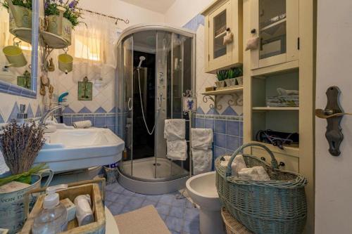 a blue and white bathroom with a sink and a shower at Casa Rustica Ivano in Biograd na Moru
