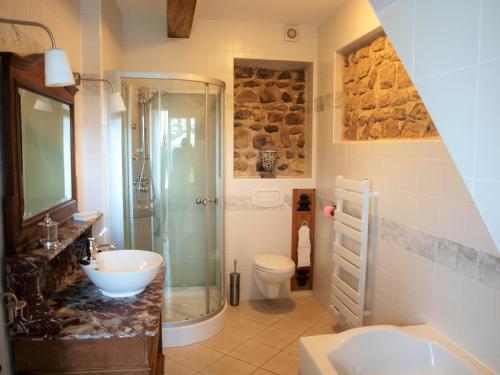 une salle de bain avec une douche, un lavabo et des toilettes dans l'établissement Gîtes Les Neuf Cerisiers, à Mascaras