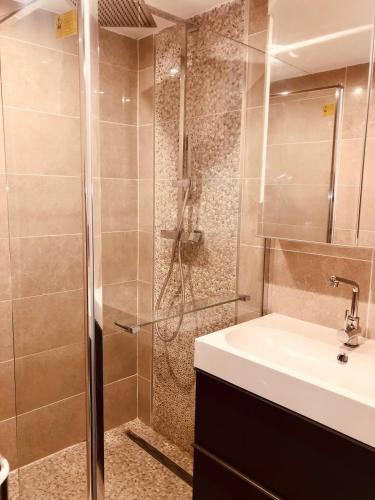 une salle de bain avec douche et lavabo dans l'établissement Capitole - Grand Appartement Standing au coeur du Centre, à Toulouse