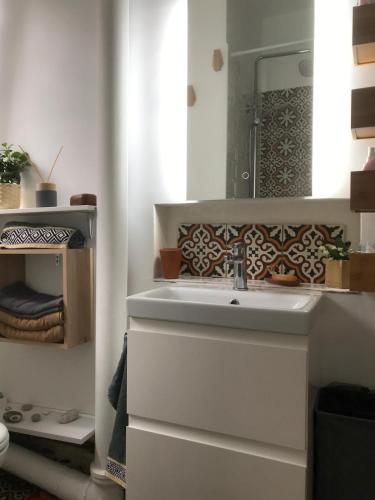 une salle de bain avec un lavabo et un miroir dans l'établissement Charming 3-room apartment, Paris center, à Paris