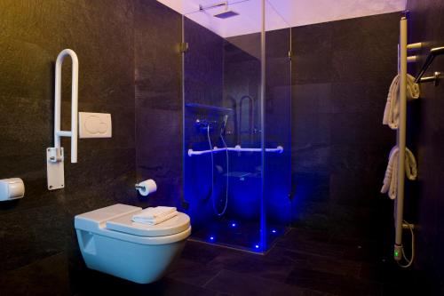 a bathroom with a toilet and a shower with a glass door at B&B 7 Vizi in Colà di Lazise