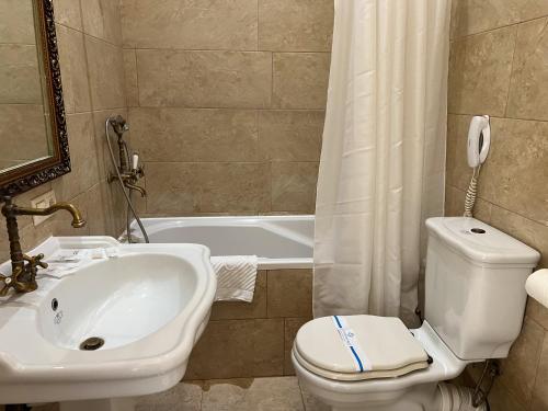 a bathroom with a toilet and a sink and a tub at Royal Grand Hotel in Kyiv
