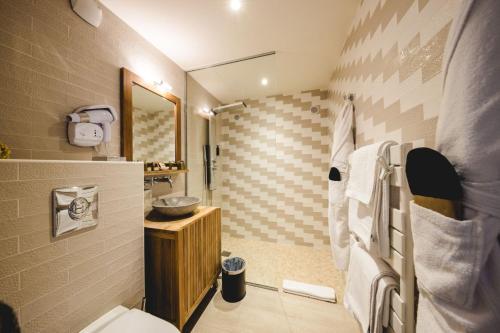 a bathroom with a sink and a toilet in a room at Le Palais d'Aglaé, Hôtel de Charme in Gordes