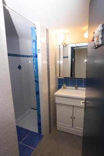 une salle de bain avec douche et lavabo dans l'établissement Argeles sur Mer jolie maison avec terrasse et piscine, à Argelès-sur-Mer