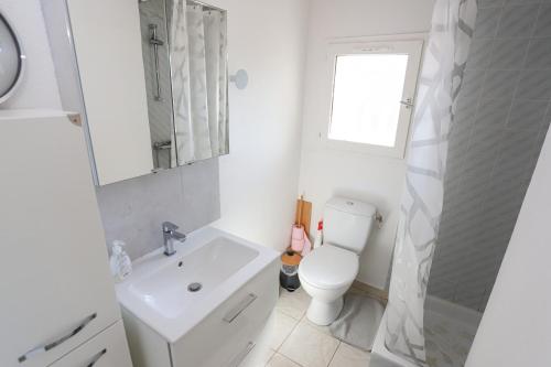 une salle de bain avec toilettes, lavabo et fenêtre dans l'établissement Saint Cyprien jolie maison climatisee avec une grande terrasse, à Saint-Cyprien