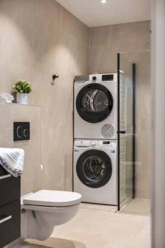 a washer and dryer in a bathroom with a toilet at Rosenberg Apartments in Bergen