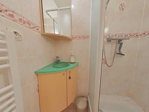 une petite salle de bain avec un lavabo et une douche dans l'établissement Appartement 2 pièces avec terrasse et piscine à La Londe-les-Maures - FR-1-826-7, à La Londe-les-Maures
