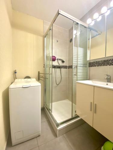 une salle de bain avec douche et lavabo dans l'établissement Sérénité&confort en famille, à Palavas-les-Flots