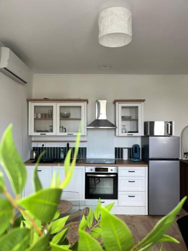 une cuisine avec des appareils blancs et des plantes vertes dans l'établissement Evasion Rêvée! Proche gare et clim, à Marmande
