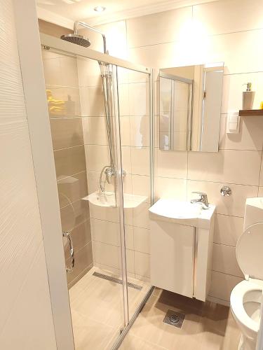un bagno con doccia, lavandino e WC di Stan-apartman A&A a Banja Luka