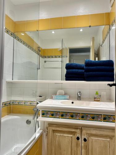 une salle de bain avec une baignoire, un lavabo et un miroir dans l'établissement Les Restanques IRIS 2124, à Grimaud