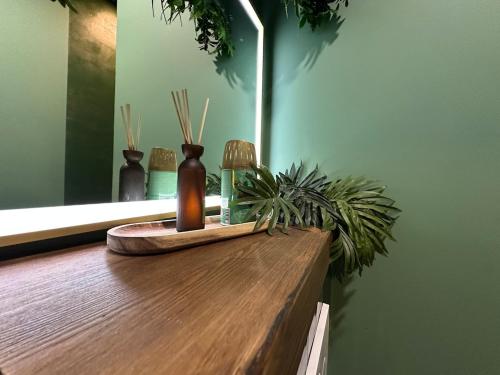 a wooden counter with a mirror and some plants on it at LE JUNGLE-ROOM, Sauna, Hyper-centre in Mâcon