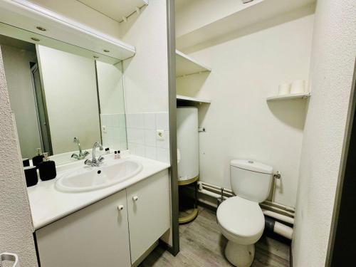 une salle de bain avec toilettes, lavabo et miroir dans l'établissement Suite Bayah - Check in h24 - Wifi, à Lyon