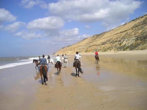 a group of people riding horses on the beach at Hotel Lince in Aznalcázar