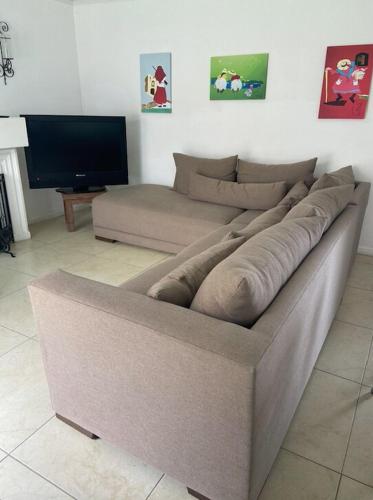 a brown couch in a living room with a television at Casa a 5 minutos caminando del centro historico in Zacatecas