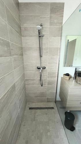 une douche avec pommeau de douche dans une salle de bain dans l'établissement VILLA CANTATE - Maison avec piscine, à Escource