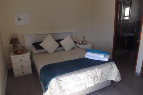 Un dormitorio con una cama con dos almohadas encima. en Arendsnest, en Gordonʼs Bay