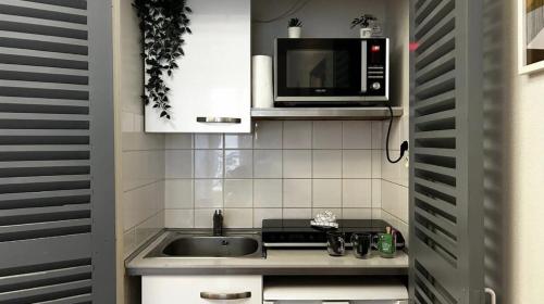 une petite cuisine avec un évier et un micro-ondes dans l'établissement Le Cocon Central - Gare, à Mâcon