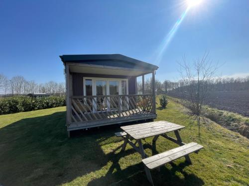 a small cabin with a picnic table and a bench at Veld lodge in Schoonloo