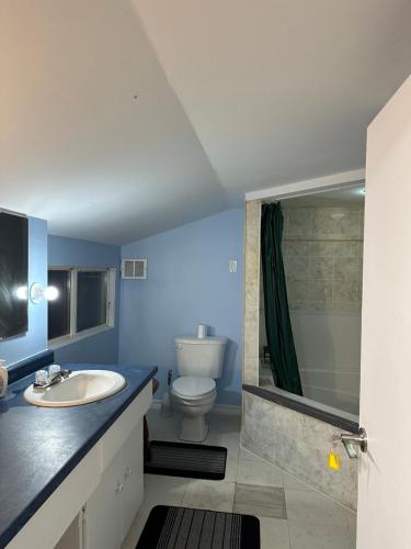 a bathroom with a sink and a toilet and a shower at Thessalon Luxury House -Space Share in Thessalon