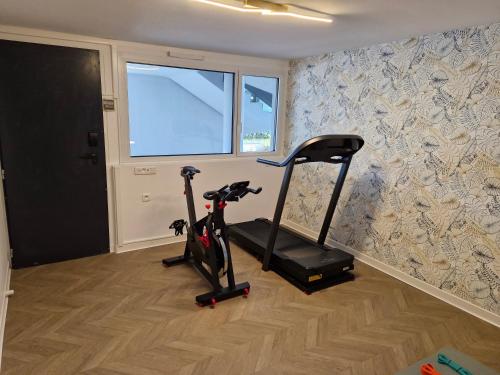 a room with a gym with a treadmill and a window at Kyriad Carcassonne - Aéroport in Carcassonne