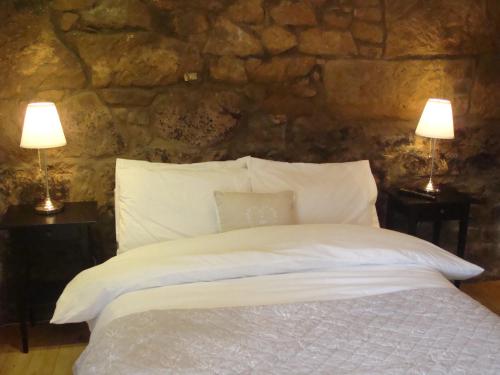 a bedroom with a bed with two lamps on tables at Riggend Farm Accomodation in Airdrie