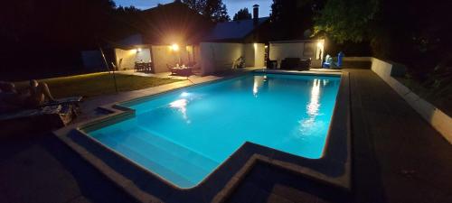 une piscine dans un jardin la nuit dans l'établissement L'Esprit Vintage, à Mérignac