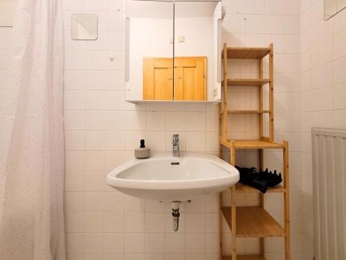 a bathroom with a sink and a shelf at ShalalaLiving Apartments Mariazell in Mariazell