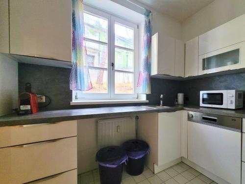 a kitchen with a sink and a microwave and a window at ShalalaLiving Apartments Mariazell in Mariazell