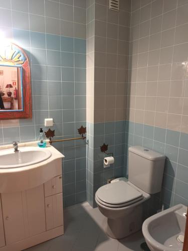ein Badezimmer mit einer weißen Toilette und einem Waschbecken in der Unterkunft Terraço da Baía in São Martinho do Porto