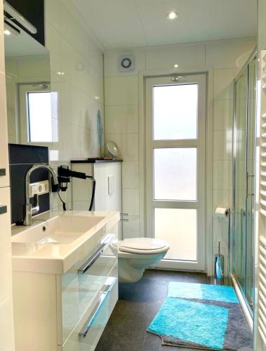 a bathroom with a sink and a toilet and a window at Strand- Chalet Olburgen in Olburgen