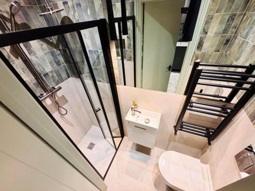 a bathroom with a shower and a toilet and a sink at Luxury city centre London flats, ideal for tourists in Streatham Vale