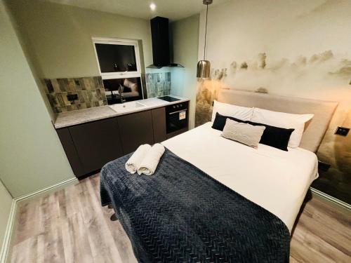 a bedroom with a large bed and a kitchen at Luxury city centre London flats, ideal for tourists in Streatham Vale