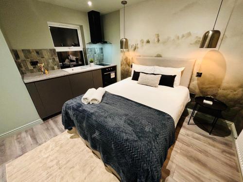 a bedroom with a large bed and a kitchen at Luxury city centre London flats, ideal for tourists in Streatham Vale