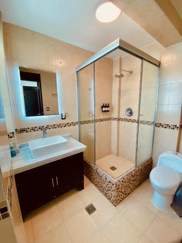 a bathroom with a shower and a toilet and a sink at FRENTE PLAYA vista al mar, PISCINA DE USO EXCLUSIVO in Boca del Río